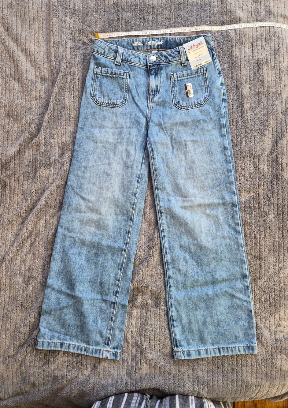 NWT Cat & Jack Girls Mid-Rise Patch Pocket Wide Leg Jeans Denim Wash Size 10